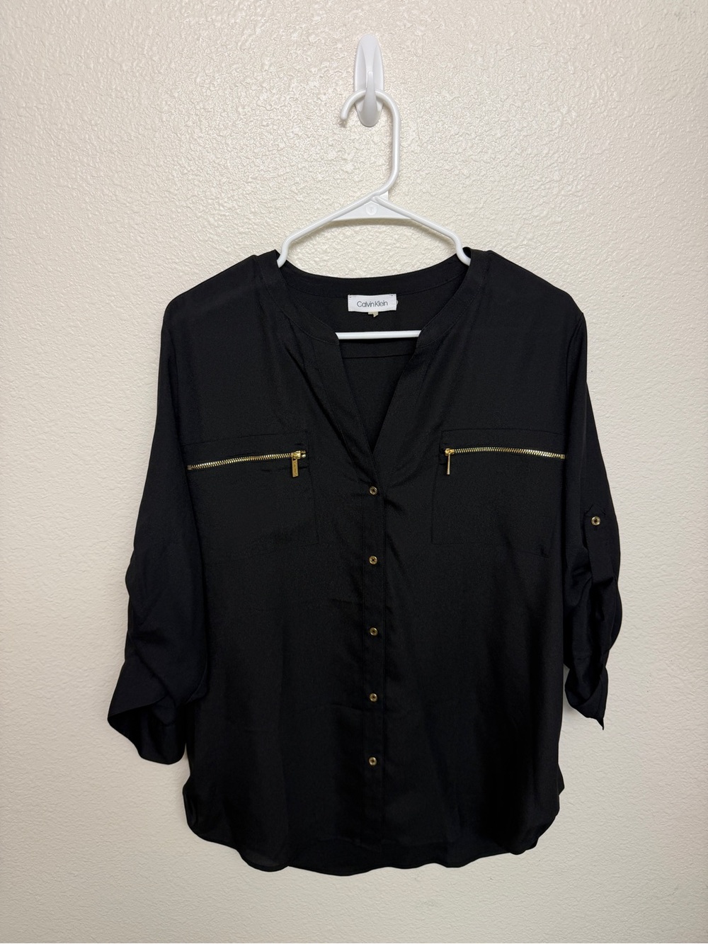 Calvin Klein Black Button-Front Blouse with Gold Zipper Accents